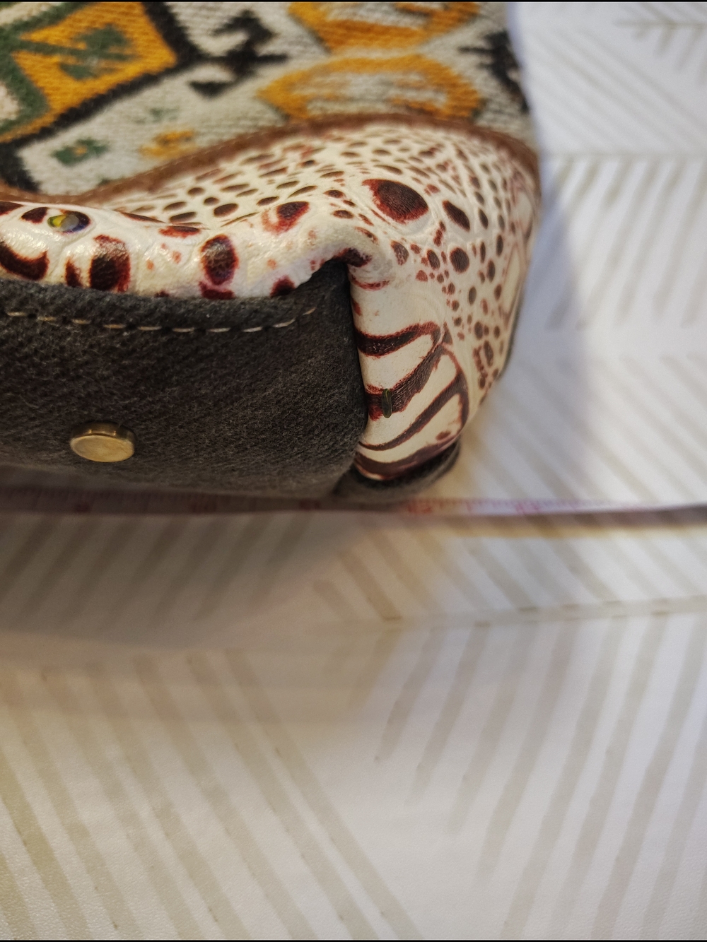 Myra Bag Kilim & Croc Embossed Upcycled Crossbody Gray Brown Yellow Boho Cowgirl - Picture 8 of 10